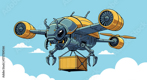 Steampunk Beetle Drone Carrying a Crate with Robotic Arms.