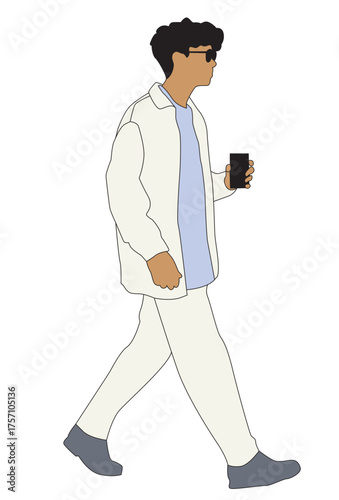 Young Arab Man Walking with Phone – Modern Business Fashion Illustration in White Pantsuit, SVG Vector
