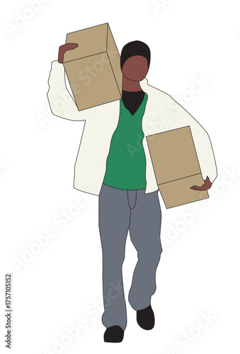 Young Indian Man Carrying Cardboard Boxes with Hat – Delivery Worker Illustration, Color SVG Vector