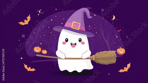 cute little cartoon ghost wearing a witches hat, holding a broom, fun Halloween theme and purple background with bats and pumpkins