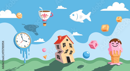 Surreal Landscape with Melting Clock, Floating Fish, and Whimsical House.