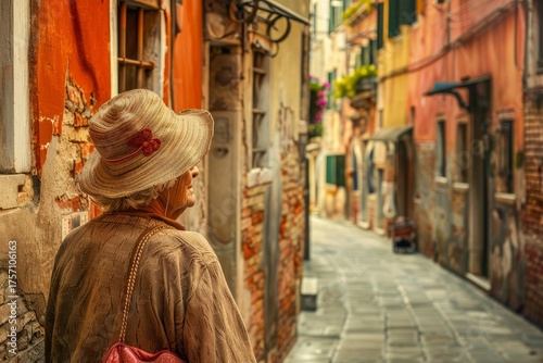 Fototapeta Naklejka Na Ścianę i Meble -  Senior woman wearing a straw hat exploring the charming narrow streets of venice, italy