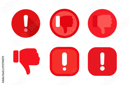 Red warning signs and disapproval feedback symbols for attention and negative feedback flat icons set on a white background