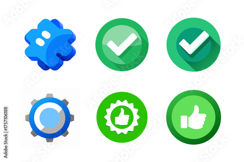 Modern Icon Set Featuring Gear Tick Mark Like and Abstract Shapes Great for User Interface Design and Application Development