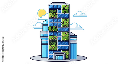 Sustainable Green Building with Vertical Gardens and Solar Panels.