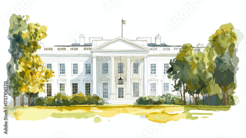 The White House. The White House hand drawn watercolor illustration