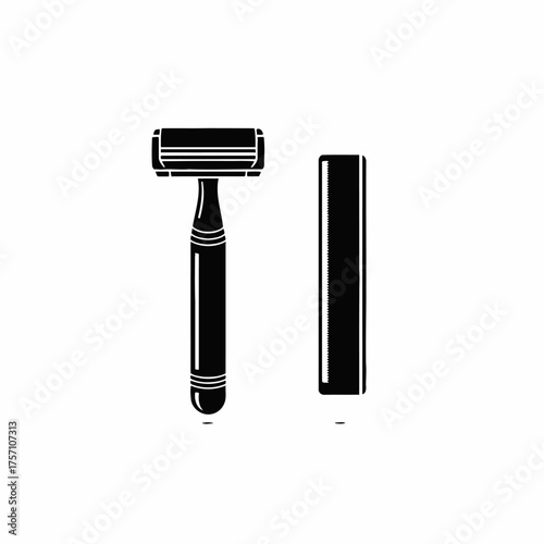 A black and white illustration of a razor and a shaving blade.