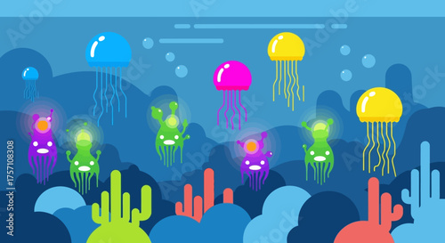 Vibrant Jellyfish and Sea Life in a Colorful Underwater Scene.