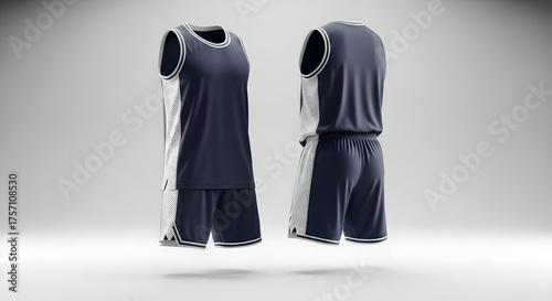 Navy Blue and White Basketball Uniform Set Front and Back View on White