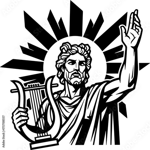 Apollo, Greek God of the Sun and Music – Black and White Line Art Illustration