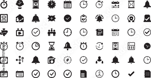 time management icons, clock symbol, schedule concept, alarm design, office productivity, deadline reminder, calendar icon, business meeting, work routine, office planner