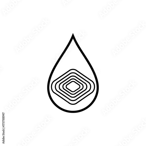 Water Drop with Concentric Diamond Shapes Inside, Minimalist Design, Black and White.