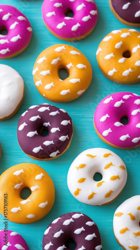 Colorful donuts with fish shaped icing decorations on bright blue surface, creating playful and appetizing pattern