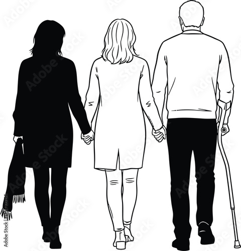 Touching illustration of two women and a man holding hands, walking together, offering support and love during a difficult time, grief and loss concept