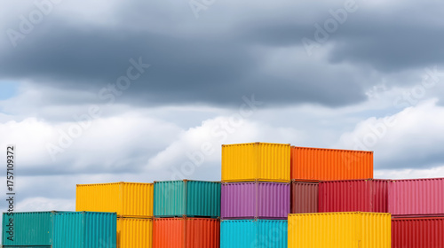 Colorful stacked shipping container under cloudy sky with vibrant colors and industrial atmosphere