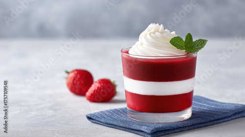 Strawberry dessert with whipped cream and fresh mint leaf on blue cloth.