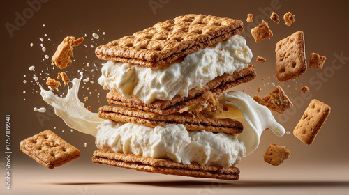 Crispy crackers with whipped cream falling into the air.