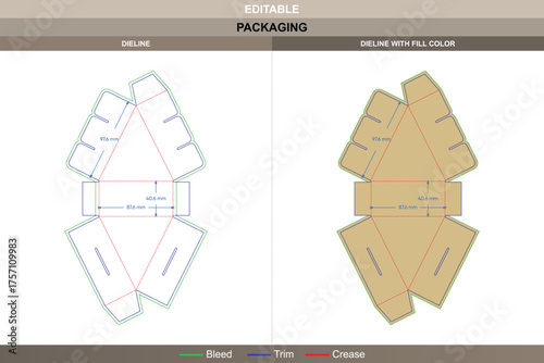 Triangle pizza box dieline vector printing packaging layout compact slice box structure defined fold system and accurate die line markings for takeaway food wrapping