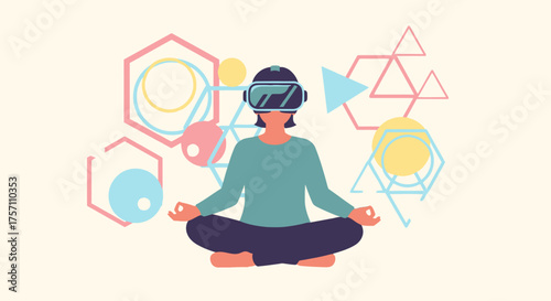 Woman Meditating in VR with Geometric Shapes, Virtual Reality Meditation.