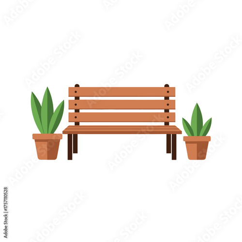 Wooden Park Bench with Potted Plants for Outdoor Seating.