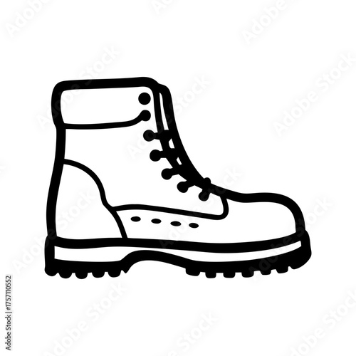 Sturdy black hiking boot with thick sole in black-and-white line art style for outdoor adventure, travel, or safety