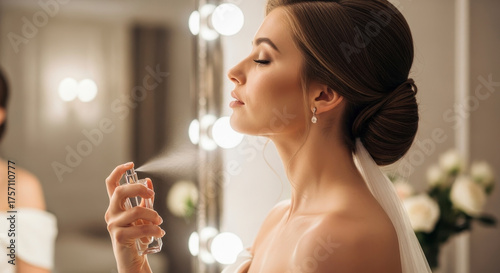 Bride Applying Perfume Before Wedding Ceremony Beautiful Woman Preparing