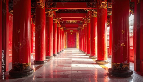 Grand Hallway With Red Pillars And Ornate Gold Accents Illuminated By Sunlight In An Ancient Asian Temple