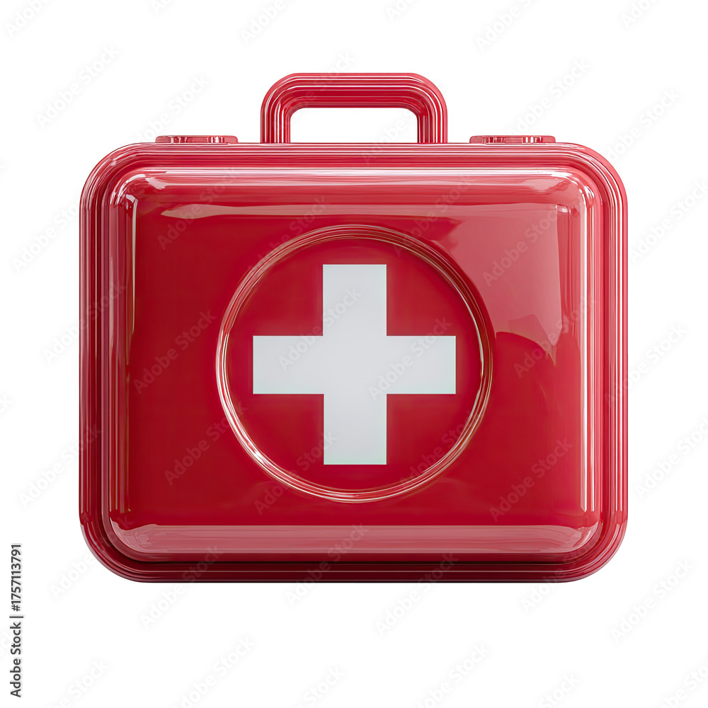 Obraz premium A shiny red rectangular first-aid kit with a prominent white cross