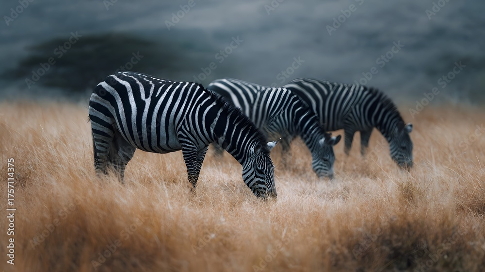 Obraz premium Three zebras grazing peacefully in a dry golden savannah field their distinctive black and white stripes stark against the natural landscape