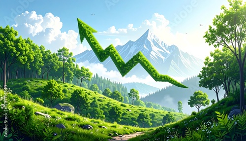Lush green valley with upward trend graphic