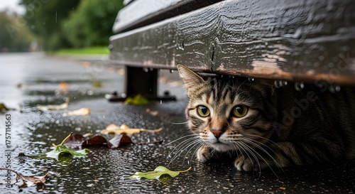Stray cat hiding under a bench in the rain