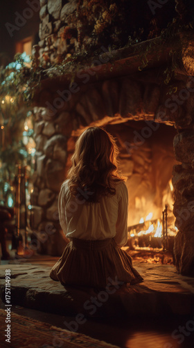 Wallpaper Mural Woman Sitting Near Stone Fireplace in Warm Golden Light Torontodigital.ca