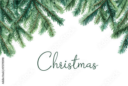 Frame with green fir branches. Christmas border with fir tree. Watercolor fir tree on white isolated background for Christmas and New Year designs. Vector illustration.