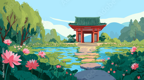 Temple Gate with Lotus Pond in Front
