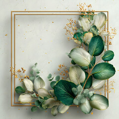 Gold frame with botanical eucalyptus leaves background