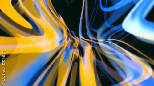 Abstract flowing ribbons of blue and yellow light in motion. A futuristic background with glowing energy streams. Dynamic technology and data concept animation