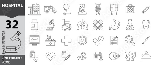 Hospital and Medical Line Icons Set ? Editable Thin Style Vector of Doctors, Ambulance, Treatment and Healthcare Symbols..eps