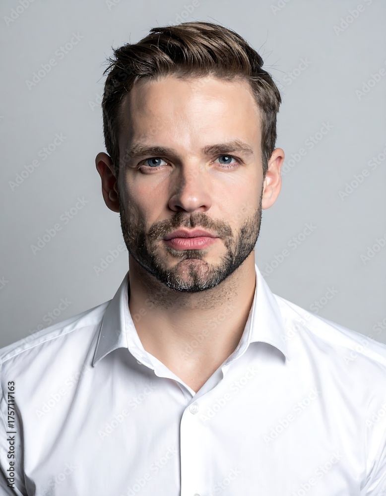 Obraz premium A formal portrait of a fair-skinned, handsome man with short brown hair and a trimmed beard, wearing a white collared shirt