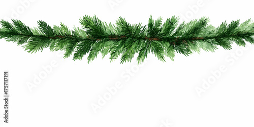 Watercolor Christmas tree garland. Border with green Christmas tree garland. Green natural Christmas element. Frame for New Year, winter and Christmas designs.