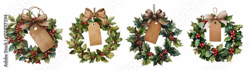 Set of watercolor Christmas wreaths with tags. Vintage Christmas wreaths with labels for inscriptions. Frames made of holly branches decorated with a bow and a tag made of recycled cardboard.
