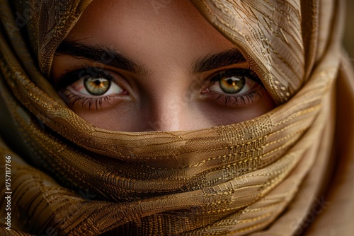 Close up of a woman's captivating green eyes peering out from a golden veil, creating an aura of mystery and allure