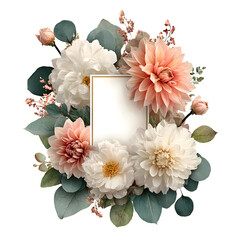 Floral frame with dahlias and eucalyptus on white