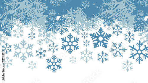 A wintery scene with various shades of blue snowflakes falling against a white background design element