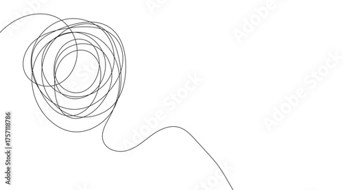 A minimalist black and white image features a circular cluster of chaotic, overlapping lines on the left, gently flowing rightward into a single, smooth, curved line on a clean, white backdrop