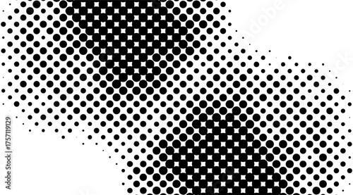 A striking black and white halftone pattern features dynamically arranged circles and squares that create a textured, modern design with a clean and crisp visual effect