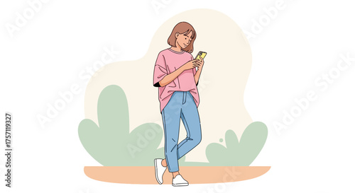 Young woman engrossed in her smartphone, standing casually in a modern flat design illustration. Representing digital communication, mobile technology, and everyday mobile device use