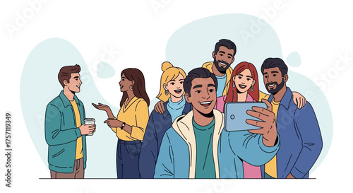 A cheerful group of diverse young friends smiling and having fun while taking a selfie together with a smartphone
