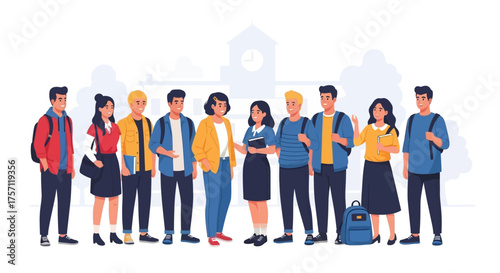 A diverse group of university students standing together with backpacks and books against a campus background