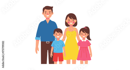 Happy, smiling family of four posing together, representing unity and togetherness in a cheerful illustration