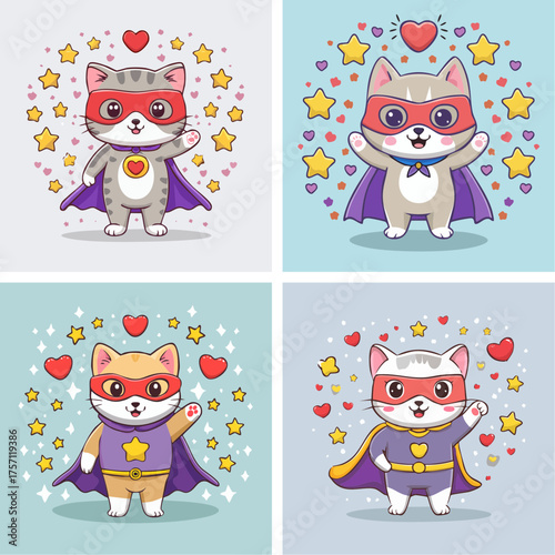 Adorable superhero cats in action, showcasing bravery and strength as heroic animals ready to save the day with cute poses